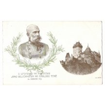 Císař František Josef a pohled na Karlštejn