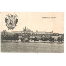 V portrétu císař František Josef a pozdrav z Prahy