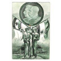 Franz Josef a Wilhelm s vlajkami, dva námořníci a lodě
