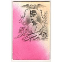 Portrét císaře Franz Josefa na duhově růžovo-bílém podkladu