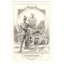 Malovaný portrét Franz Josefa a Wilhelma, před nimi je lev