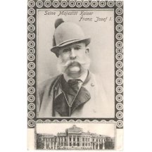 Franz Josef v mysliveckém, v ozdobném rámečku, pohled na zámek