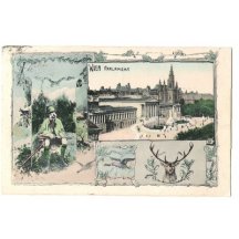 Franz Josef v mysliveckém úboru a pohled na Vídeňský parlament