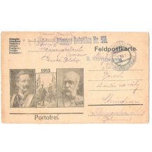 Franz Josef a Wilhelm, vojáci s vlajkami si podávají ruce