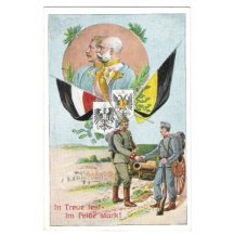 Barevná pohlednice Franz Josefa a Wilhelma, vojáci s dělem