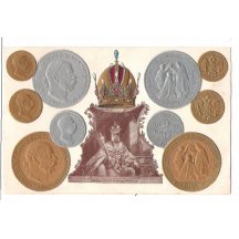 Pohlednice s mincemi Franz Josefa- sedící Franz Josef - rakouské vydání