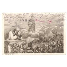 Modlící se Franz Josef k bohu o vítězství vojska v bojích