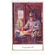 Christmas 1915, soldier is writing compliment of the season