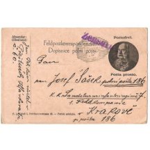 Franz Josef v kruhovém portrétu, dvojjazyčný popis, světlý papír