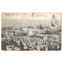Franz Josef v oválu a pohled na Malou Stranu a Hradčany, Praha