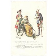 Karikatury císařů - Franz Josef na invalidním vozíku a Wilhelm o berli