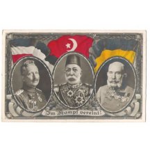 Vládci s vlajkami: turecký sultán, Franz Josef a Wilhelm