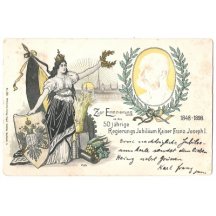 Portrét Františka Josefa v orámování a pohled na Lipsko