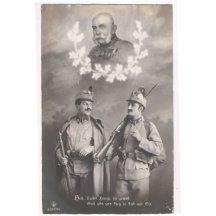 Franz Josef s ratolestí kolem portrétu a rozmlouvající vojáci