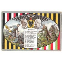 Umělecky zpracovaná pohlednice- vlajky, vojáci, Franz Josef a Wilhelm