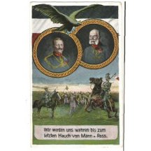 Franz Josef a Wilhelm v kulatém rámečku a vojsko + text