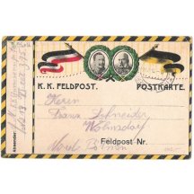 Barevný lístek polní pošty F.J. a W. s vlajkami (3)