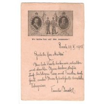 Lístek polní pošty F.J. a W., vojáci s vlajkami