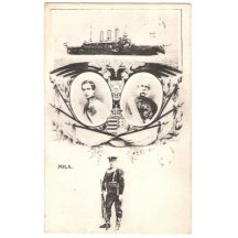 Loď v přístavu Pola, portréty císařů a stojící námořník