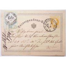 Celina 2 kr - žluťásek dofrankovaný 15 kreuzer kolkem - emise 1870 / RRR