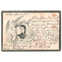 Pohlednice s psaním, kde je Elisabeth s andělem