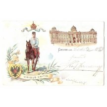 Vídeňská pamětihodnost a Franz Joseph sedící na hnědém koni