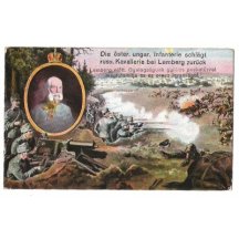 Rakouští vojáci při obraně v zákopech, portrét Franz Josefa