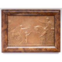 Výlisek z plechu - měď / císař Franz Josef na koni a vítající lid