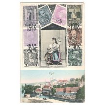 Cheb - Eger, známky F.J. a žena přede nit na kolovratu