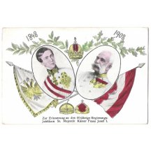 Portréty císaře Franz Josefa I. v oválném rámování s vlajkou Rakouska