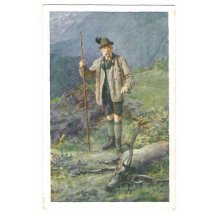 Malovaná pohlednice s Franz Josefem, stojící u trofejního jelena (1)