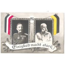 Barevná pohlednice s císaři - vlajky Německa a Rakouska 