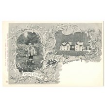 Stojící Franz Josef a záběr na císařský zámeček Mürzsteg, černobílá verze