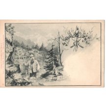 Pohlednice s Franz Josefem stojící u střeleného muflona