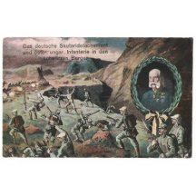 Útočící vojáci u Bergen, Franz Josef se zelenou ratolestí okolo portrétu