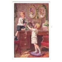 Děti v místnosti a nad sekretářem je obrázek F.J.I a Viléma II.