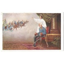 Franz Joseph in red chair , looking at army